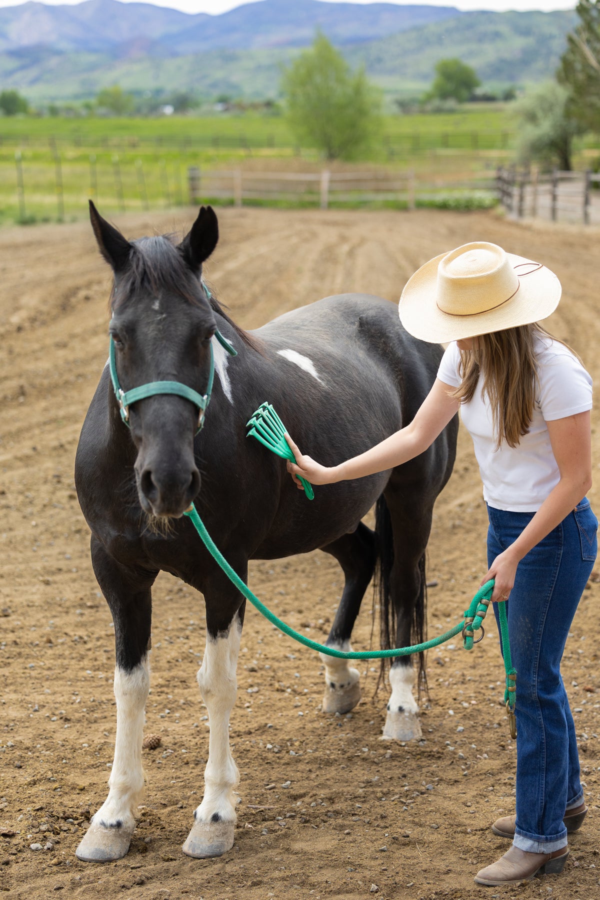 Woman in a cowboy hat leading a horse on a dirt field with mountains in the background