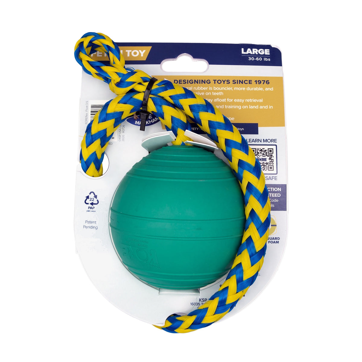 Back of the KOREflex Float card with the braided throw rope coiled over the product bullet points