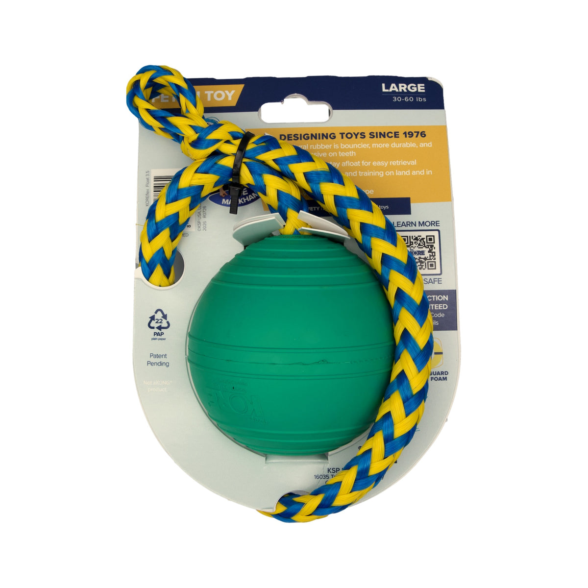 Back of the KOREflex Float card with the braided throw rope coiled over the product bullet points