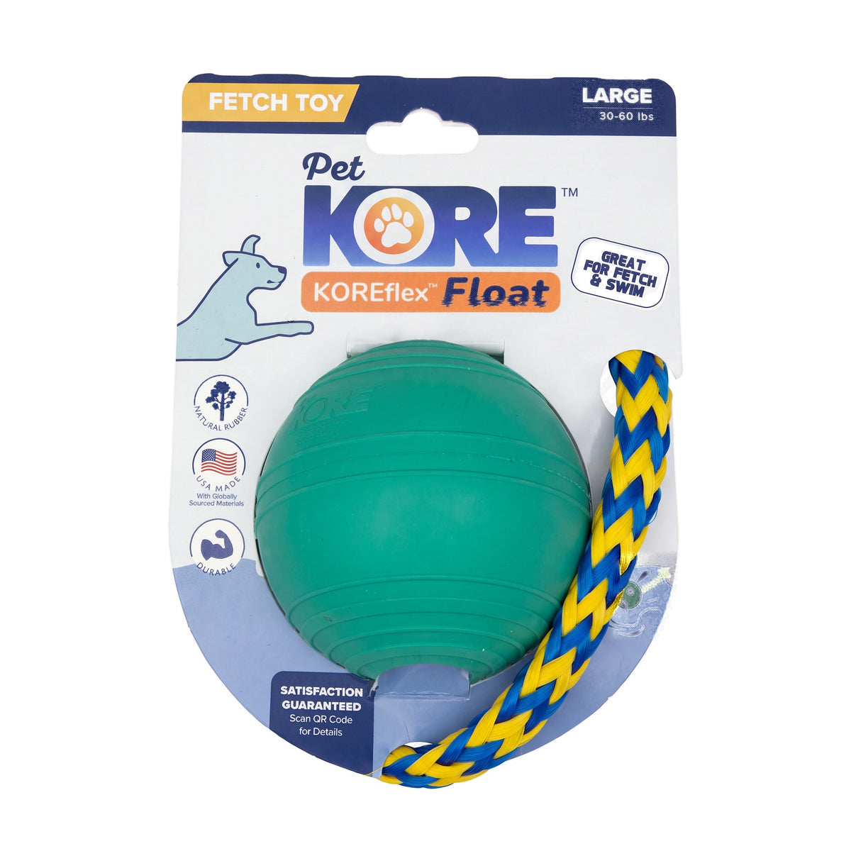 KOREflex Float dog ball on its retail card, Large, labeled great for fetch and swim, with the braided rope