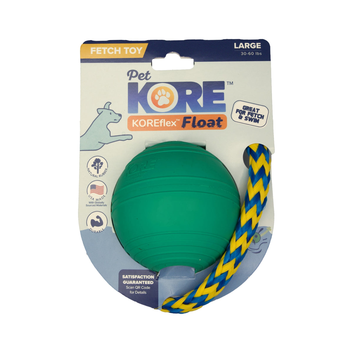 KOREflex Float dog ball on its retail card, Large, labeled great for fetch and swim, with the braided rope