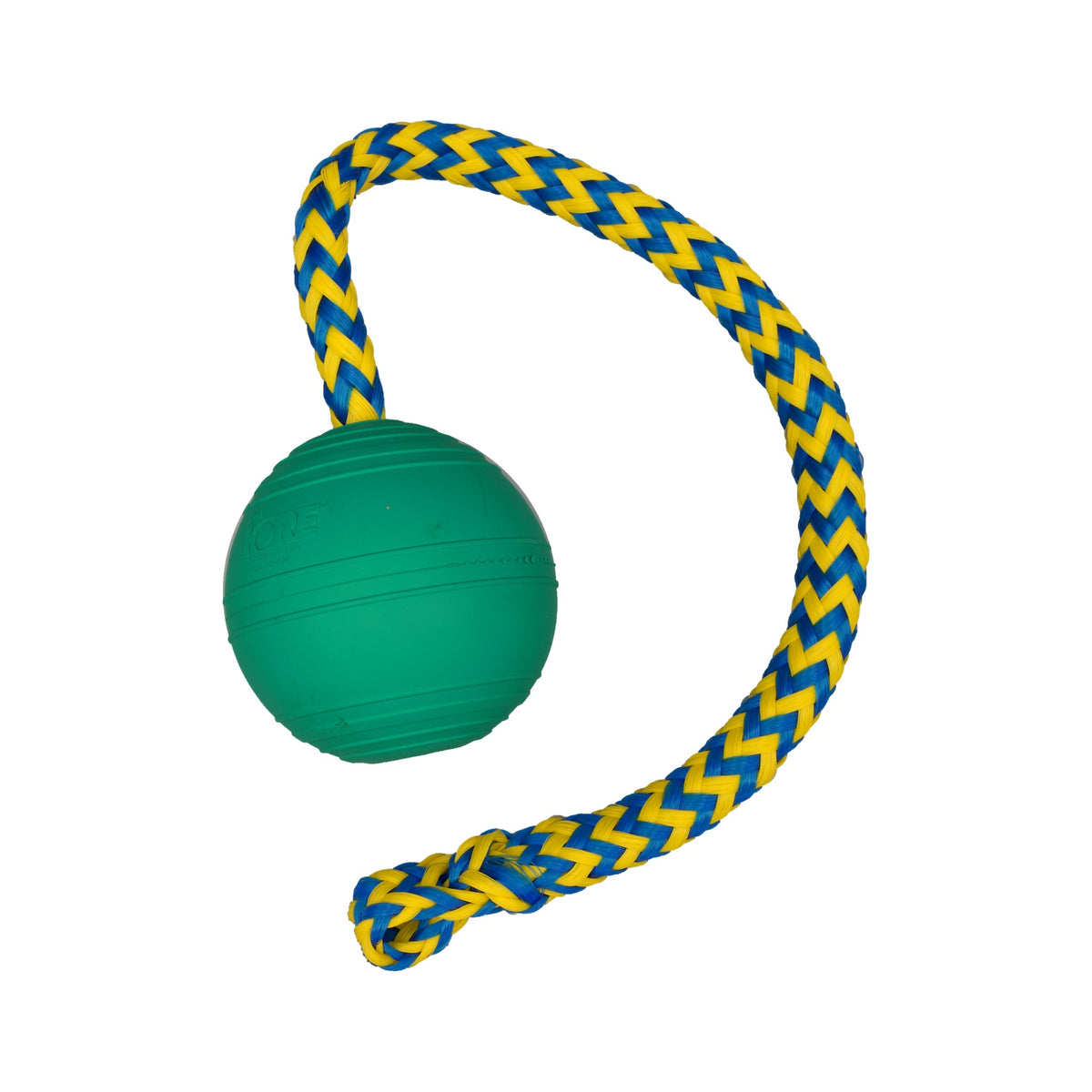 Green KOREflex Float natural rubber dog ball with a blue and yellow braided throw rope and looped handle