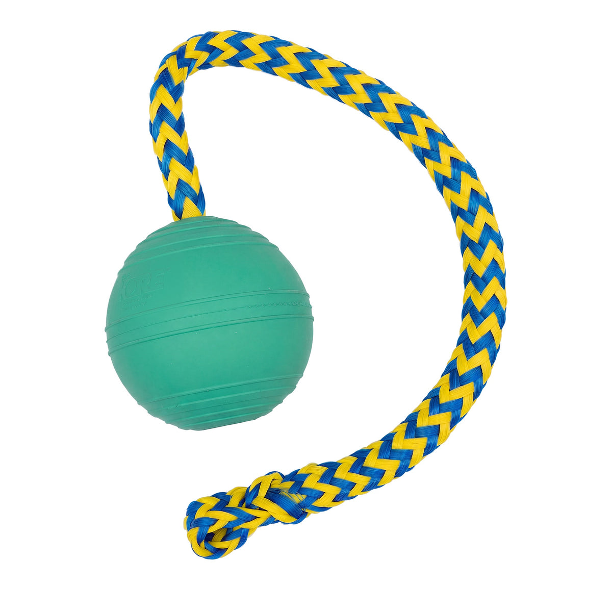 Green KOREflex Float natural rubber dog ball with a blue and yellow braided throw rope and looped handle
