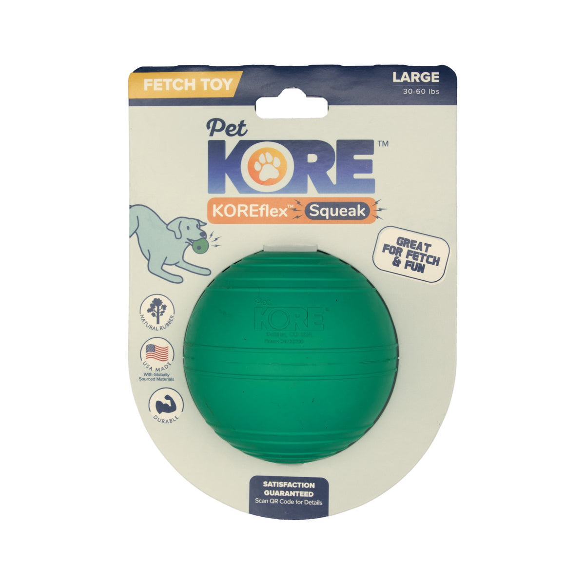 KOREflex Squeak dog ball, Large, on its retail card labeled fetch toy for dogs 30 to 60 pounds