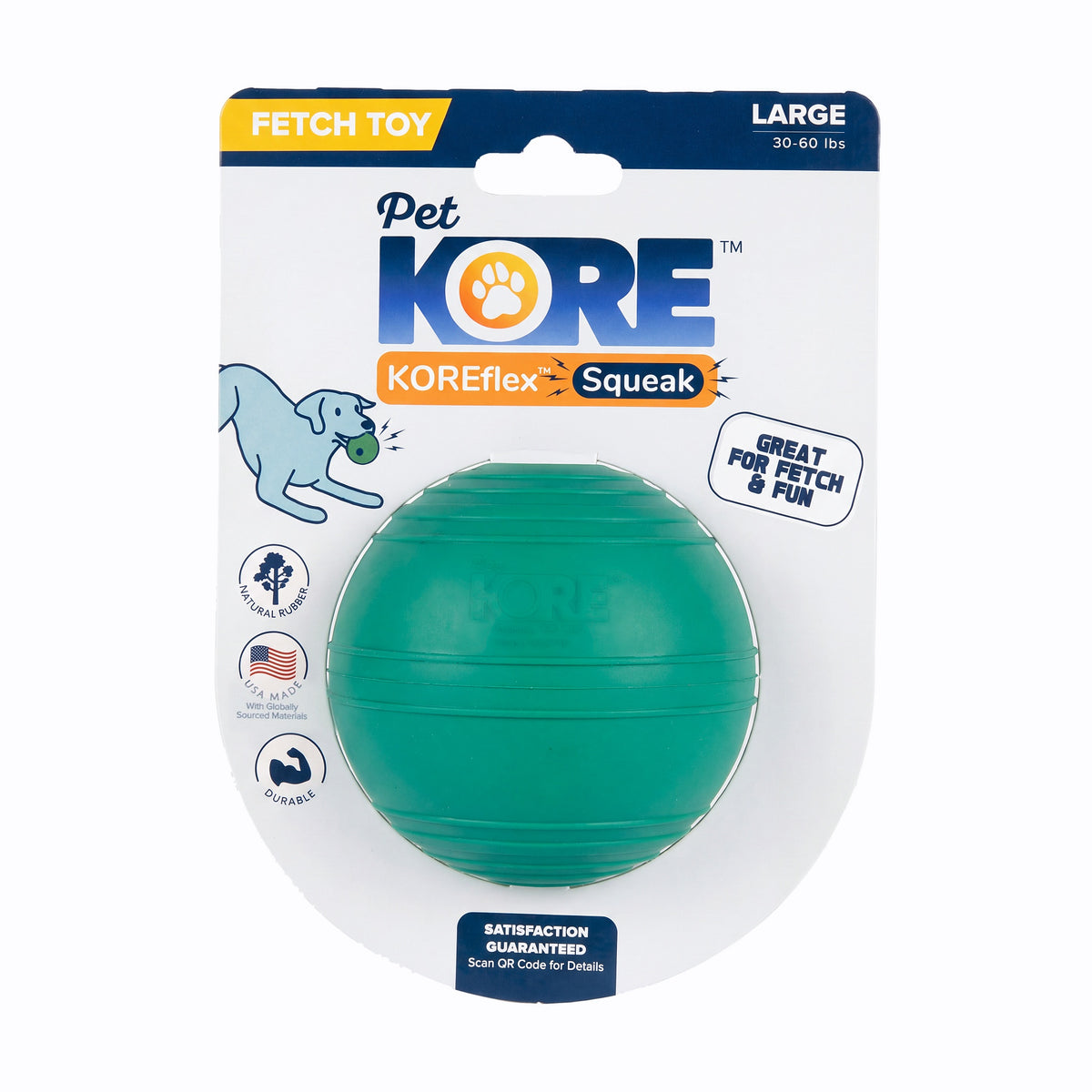 KOREflex Squeak dog ball, Large, on its retail card labeled fetch toy for dogs 30 to 60 pounds