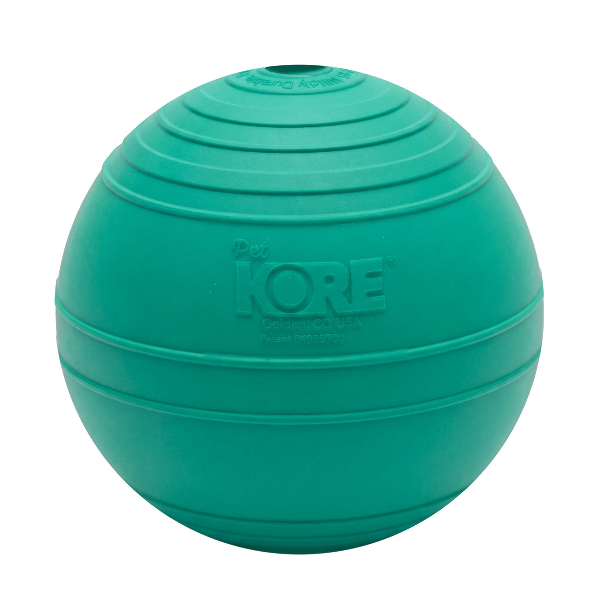 Green KOREflex Squeak natural rubber dog ball, Large, side view showing the ridged surface and small squeaker vent on top
