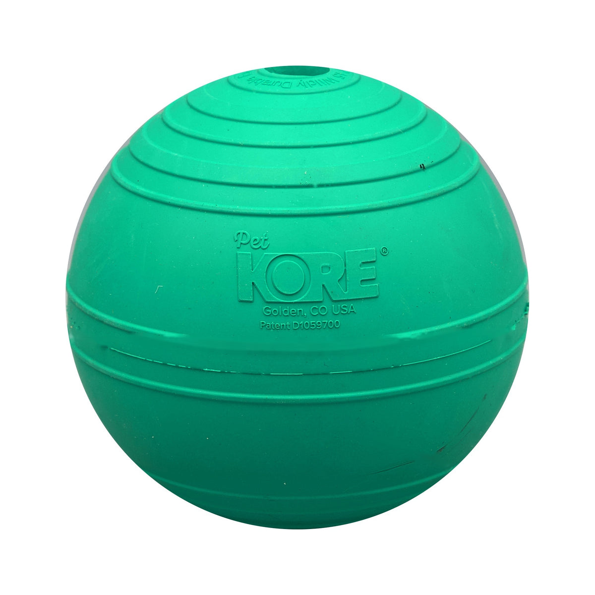 Green KOREflex Squeak natural rubber dog ball, Large, side view showing the ridged surface and small squeaker vent on top