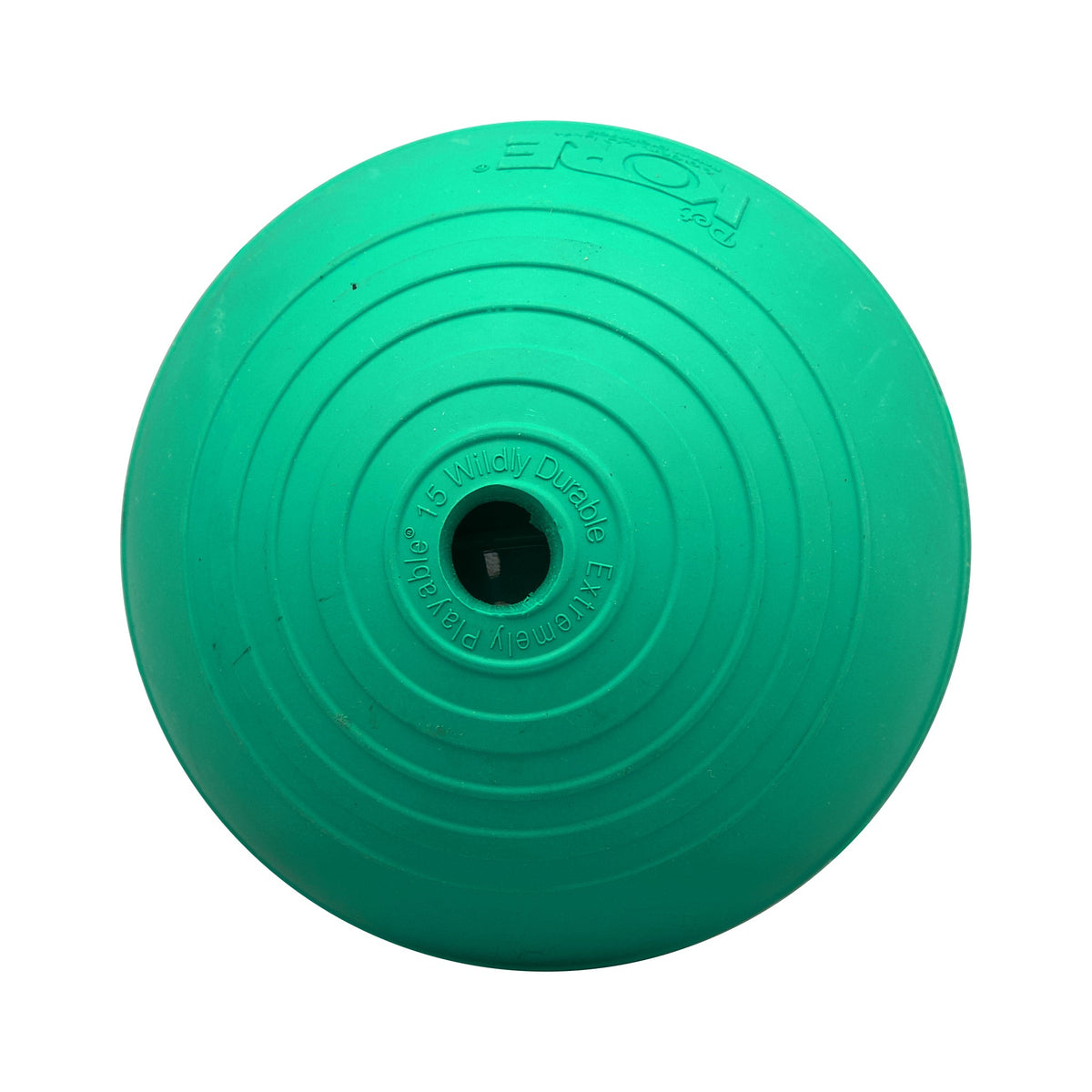 KOREflex Squeak dog ball, Large, top view of the squeaker vent ringed by molded lettering