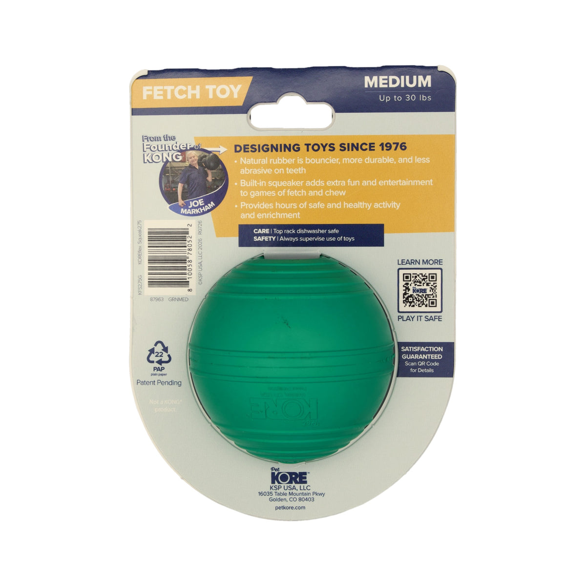 Back of the KOREflex Squeak Medium card listing natural rubber, built-in squeaker, and care instructions