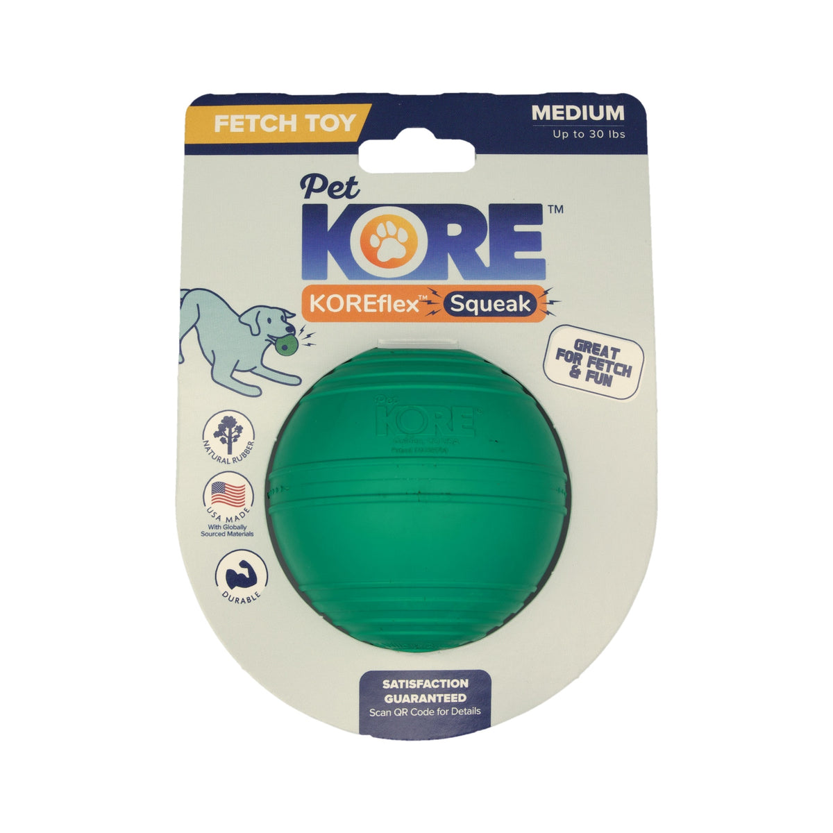 KOREflex Squeak dog ball, Medium, on its retail card labeled fetch toy for dogs up to 30 pounds