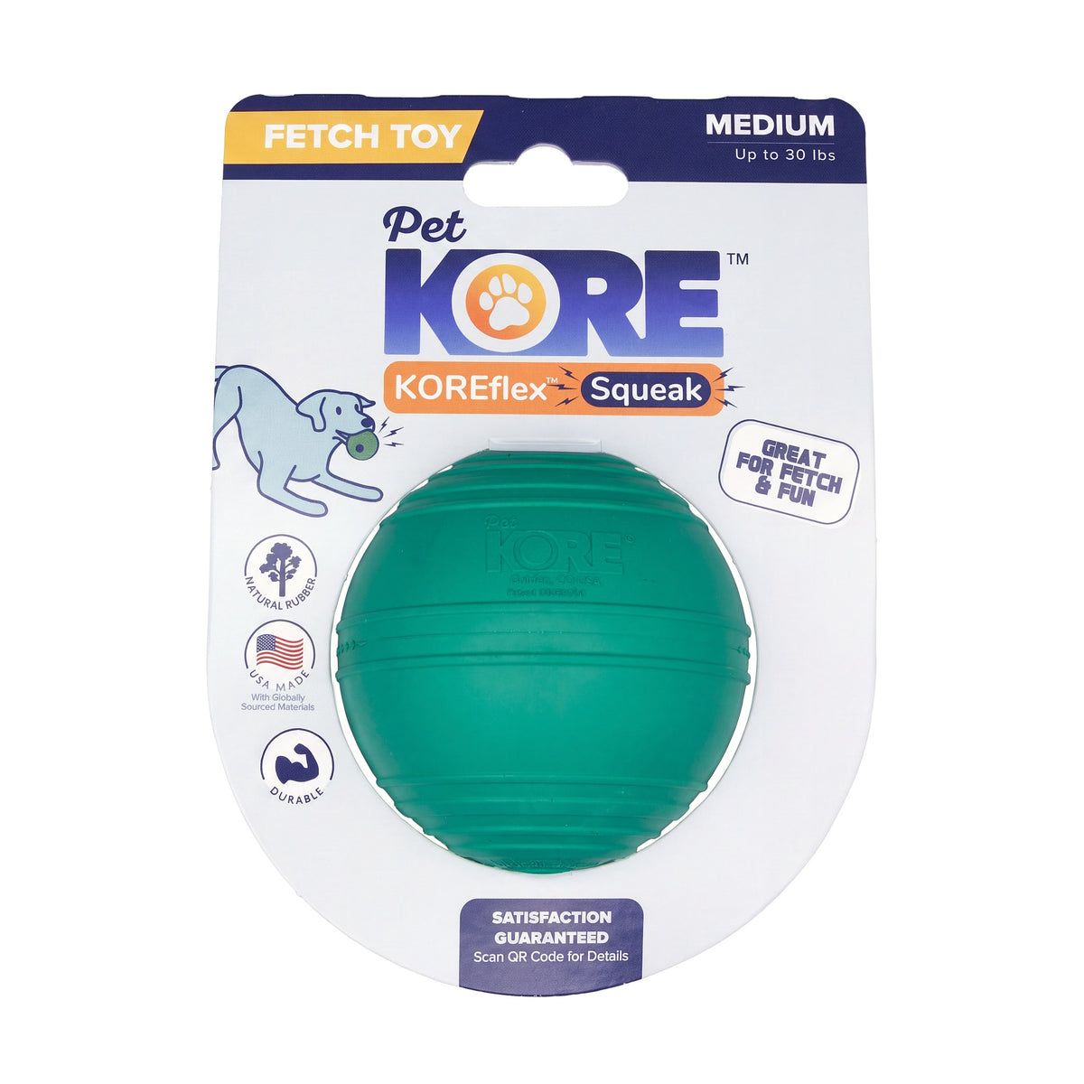 KOREflex Squeak dog ball, Medium, on its retail card labeled fetch toy for dogs up to 30 pounds