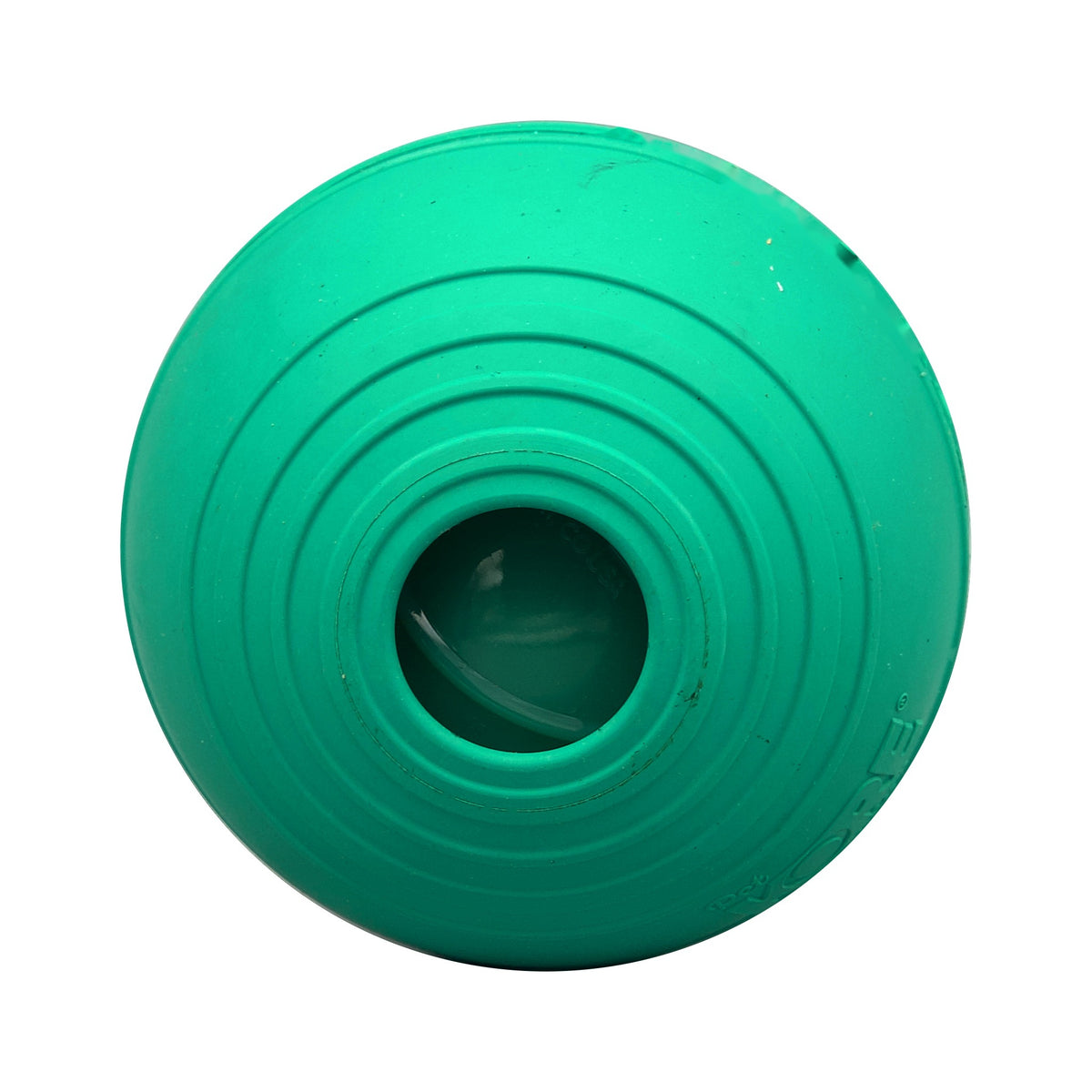 KOREflex Squeak dog ball, Medium, end view of the hollow center opening