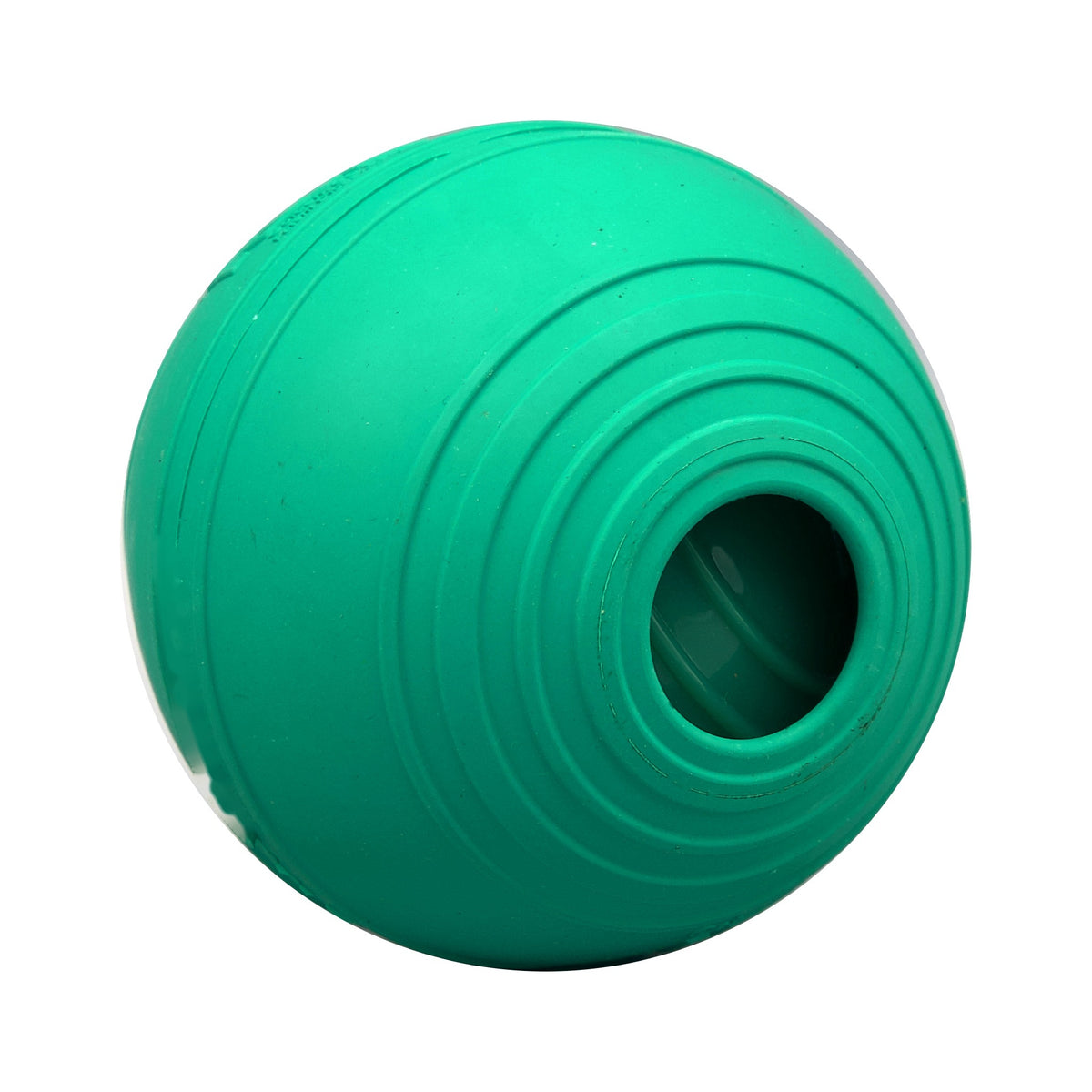 KOREflex Squeak dog ball, Medium, angled view of the ridged rubber and center opening